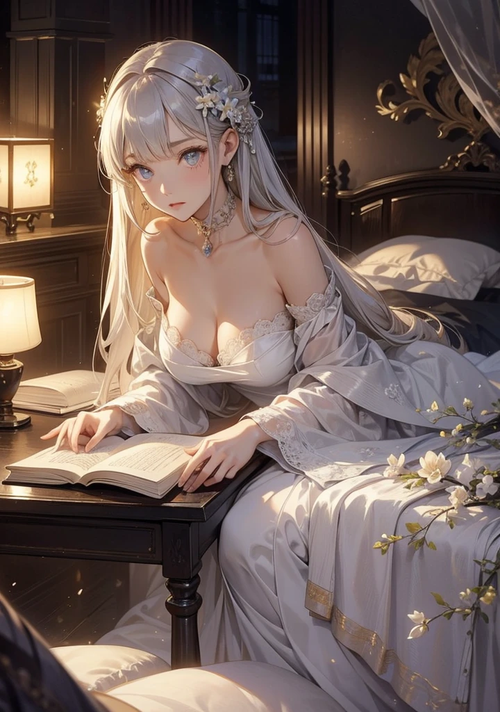 Best quality at best, one-girl, warmly lit, Silver hair and pink tip, adolable, anime big breast, Pure white skin, asiagirl, full bodyesbian, Raised sexy, Gentle eyes, Cat ears, Animate, fanciful, Cleavage is seductive, Shy face, 14岁, dreads, white dresses, collars, Bare shoulders,Bare thighs,coda, the witcher, That's great, sportrait, ssee-through