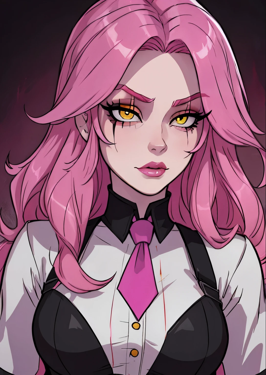 masterpiece, best quality, 1female, beautiful, face portrait, deep makeup, 1girl, face focus, long hair, pink hair, messy hair, goth, scar over eye, makeup, pale skin, academiaKat, yellow eyes, detailed, necktie