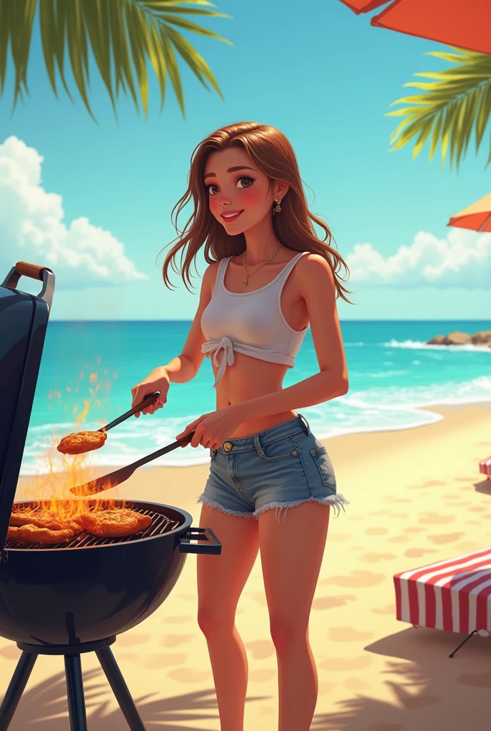 Family enjoying a barbecue(father、mother、Young Girl)、Looks like a lot of fun、smile、At the beach、clothes、Realistic