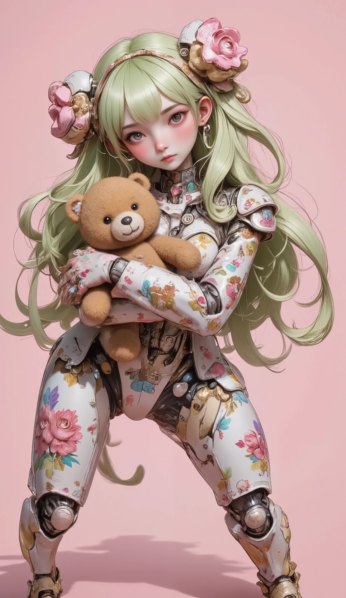 Cute female robot ,  floral print on the body , heavy weapons,  kawaii mood ,  together and bright pink hollows,  holding a teddy bear ,  The newest anime style , hyper detailed,  vibrant colors,  dynamic pose ,  Highly detailed face and eyes ,  intricate mechanical design , Capricious,  pastel color palette, photorealistic ,  curls of long green gold ,  soft lighting , chiaroscuro,  curls of long green gold , Fujicolor, 8K,  Masterpiece, Ualta definición, Retina,  Masterpiece,  Precise,  Anatomically correct ,   old school ,  super detail ,  tall details ,  high quality group ,  winning prize,  better quality, highres, 1080P, alta definición, 16K