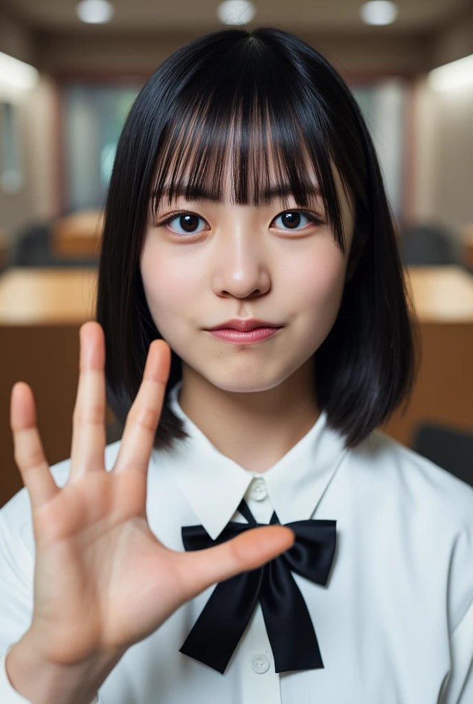 SHOGENJI, The image is a portrait of a young Asian woman with shoulder-length dark hair and bangs. She is wearing a white collared shirt with a black bow tie. She has a serious expression on her face and is making a peace sign with her fingers. The background is blurred, but it appears to be an indoor setting with wooden tables and chairs.