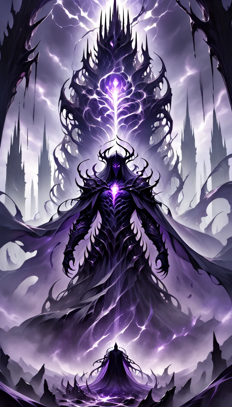 "A towering, sinister figure cloaked in a living armor of shadowy black and dark purple hues. Greed’s form exudes an aura of insatiable hunger, with jagged, interlocking plates of armor that seem to pulsate like a breathing entity. His glowing purple eyes pierce through the darkness, filled with a cold, calculating menace. Sharp, clawed gauntlets extend from his massive arms, each claw tipped with an eerie, dark energy that drips like liquid shadow. His chest is adorned with a pulsating, crystalline core radiating faint purple light, as if containing a boundless void within. Around him swirls a tempest of dark mist and ghostly whispers, amplifying his aura of dread. Greed towers over a shattered battlefield, surrounded by the broken remnants of his defeated enemies, his presence embodying relentless power, gluttony, and unyielding domination."