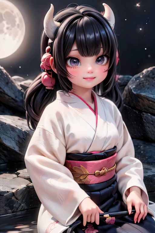 A midnight revelry unfolds beneath the mystique of the forest's canopy, as a sultry yukata-clad horned demoness frolics with abandon. Smoky eyes gleam like lanterns in the darkness, while rosy blush and delicate earrings dance across her porcelain skin. A radiant necklace glimmers like moonlit dew on leaves. The demoness's joyous laughter echoes through the woods as she twirls, her horned crown bobbing playfully. In the background, a full moon casts an ethereal glow, illuminating the whimsical scene.
