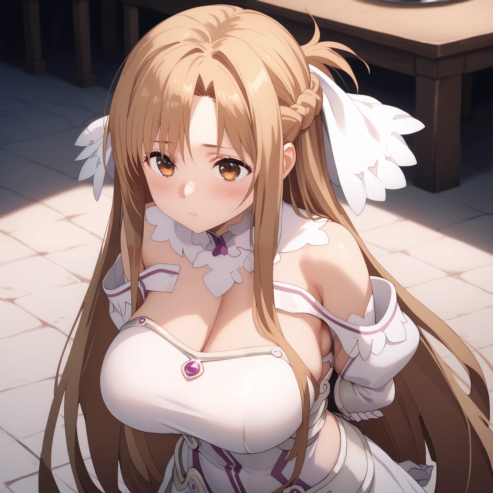 dress, bare shoulders, detached sleeves, white dress, armor, breastplate, white armor, (arms behind back:1.4), breast, (huge breasts:1.15), (blush), 8k masterpiece, (1girl, solo), asuna yuuki, long hair, bangs, brown hair, brown eyes, very long hair, braid,