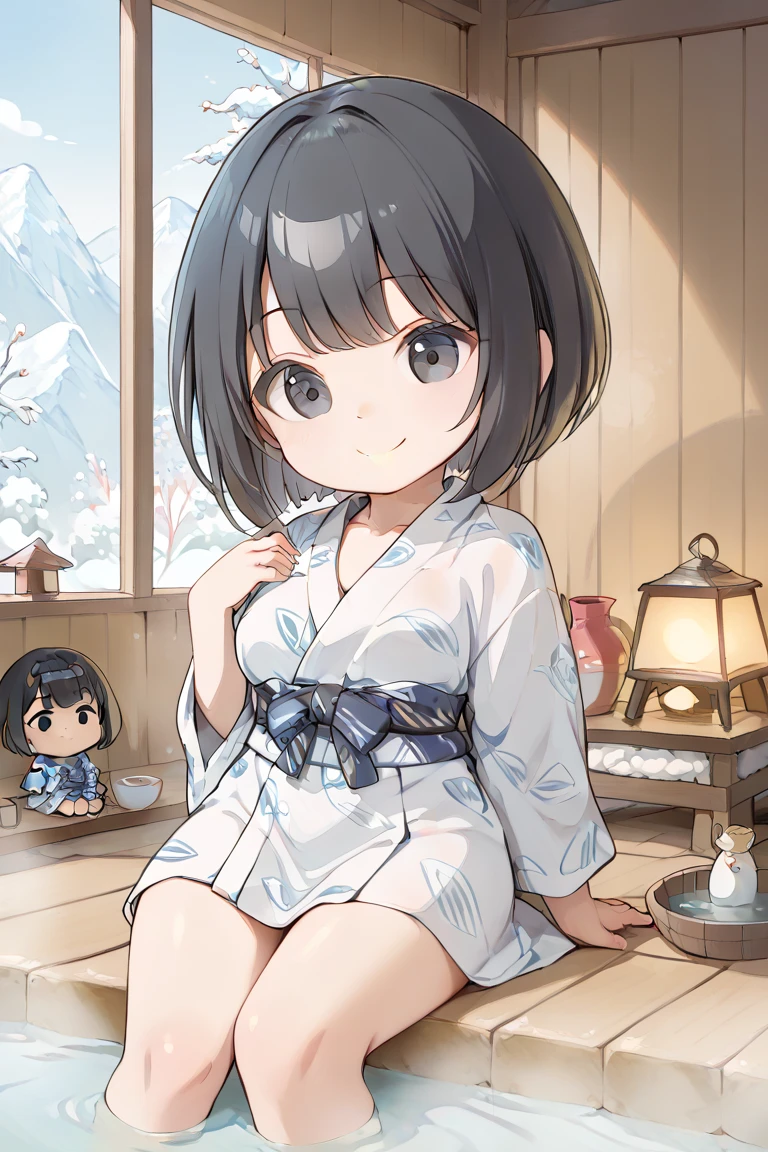 (1 chibi girl:1.2), big droopy eyes, black eyes, black hair, bob cut,
yukata, onsen, indoors, smile,
(colored pencil:0.9), (masterpiece, best quality, hyper detailed),