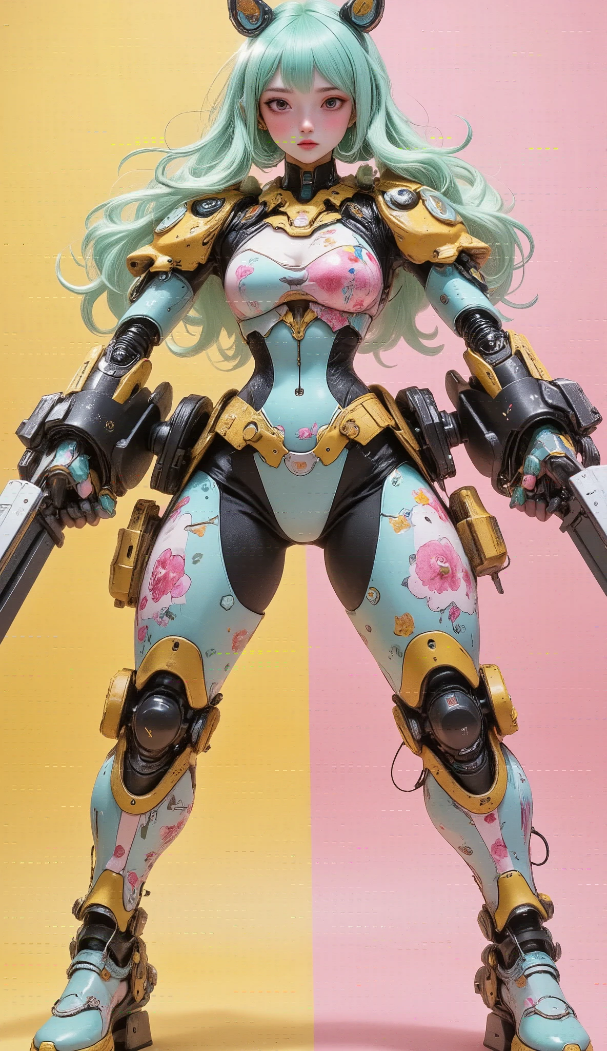 Cute female robot , floral print on the body , heavy weapons, kawaii mood , together and bright pink hollows, holding a teddy bear , The newest anime style , hyper detailed, vibrant colors, dynamic pose , Highly detailed face and eyes , intricate mechanical design , Capricious, pastel color palette, photorealistic , curls of long green gold , soft lighting , chiaroscuro, curls of long green gold , Fujicolor, 8K, Masterpiece, Ualta definición, Retina, Masterpiece, Precise, Anatomically correct , old school , super detail , tall details , high quality group , winning prize, better quality, highres, 1080P, alta definición, 16K