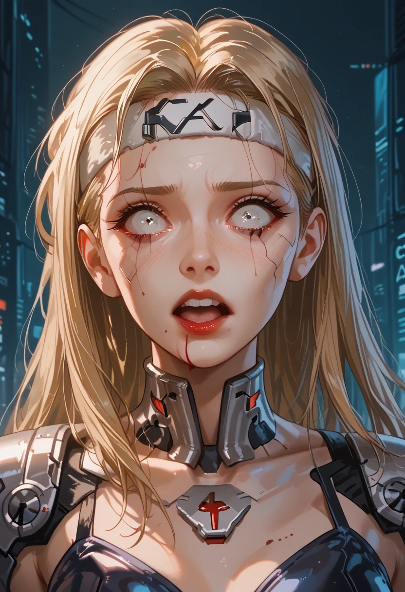 Blonde girl ((detallada)),  scared , white eyes, Has a headband,  futuristic armor ,  dystopic future , alas,  blood on her face, lost look ,  dark cyberpunk background ,  lighting light dark, mysterious,  background creatures 