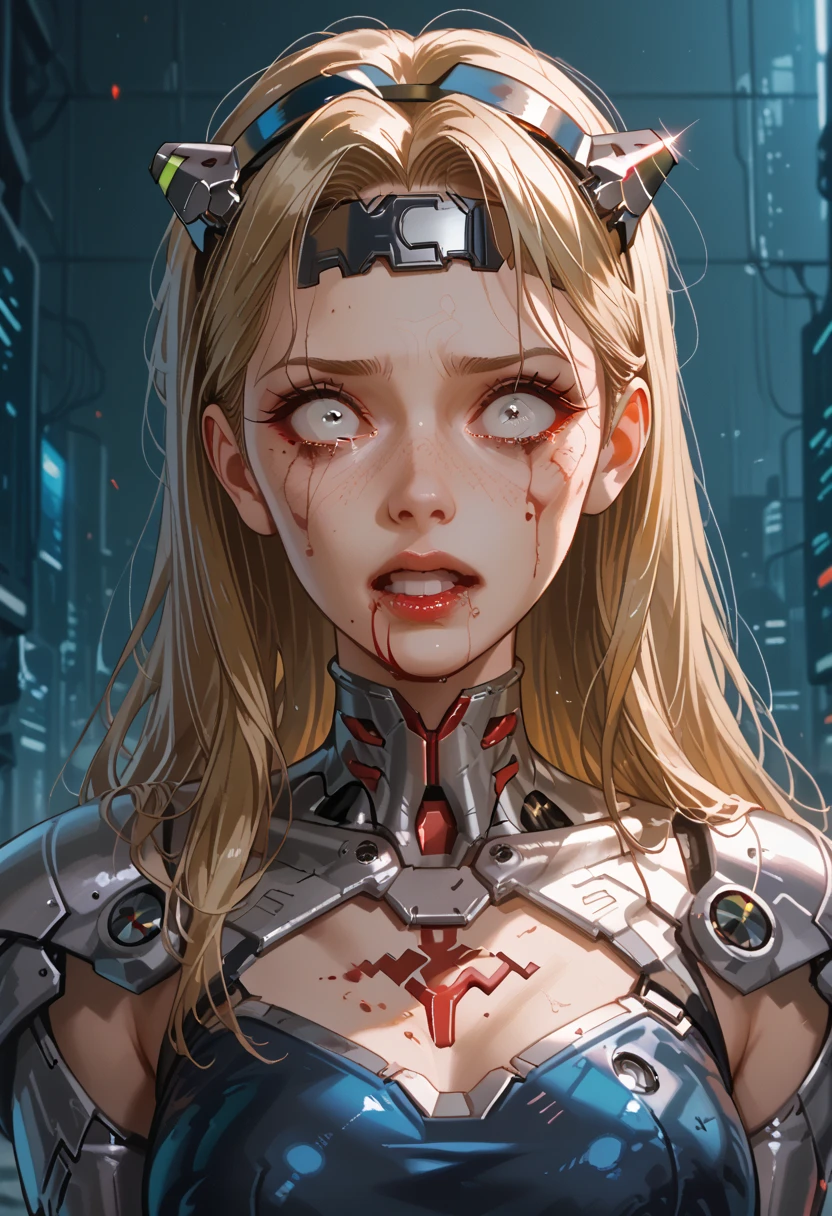 Blonde girl ((detallada)),  scared , white eyes, Has a headband,  futuristic armor ,  dystopic future , alas,  blood on her face, lost look ,  dark cyberpunk background ,  lighting light dark, mysterious,  background creatures 