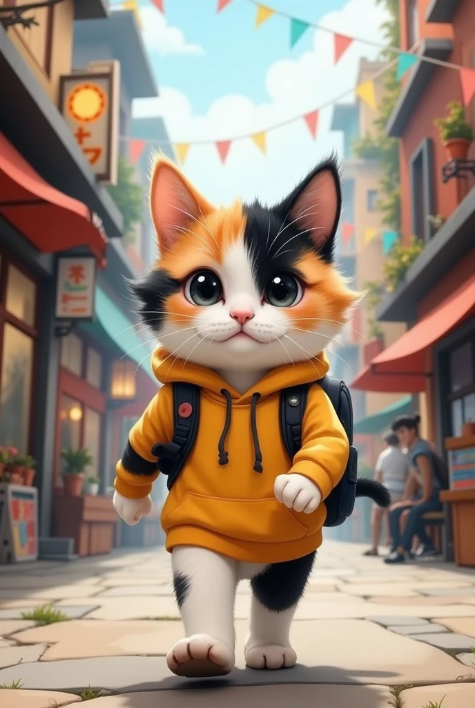 anime style poster art, whimsical illustration, vector art background, a cute chubby calico cat, huge exaggerated eyes,walking in steam punk city, smoky building there, sunny , magical city, misty, ancient structural object around,  ultra detailed animation, kawaii anime style, hoodie, backpack ,bagy, bags under eyes, creative anime, hand drawn illustration,