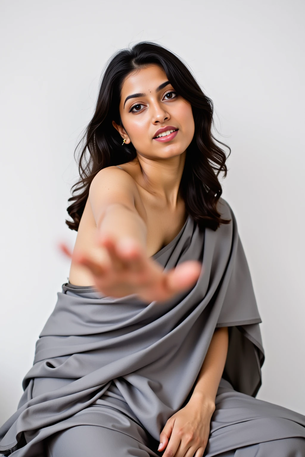 close_up portrait photo of 25 year old beautiful woman, (plain white background: 1.6), Grey ethnic Kanjeevaram Silk Saree, fashion photography, dynamic pose, facing viewer, DES_LORA