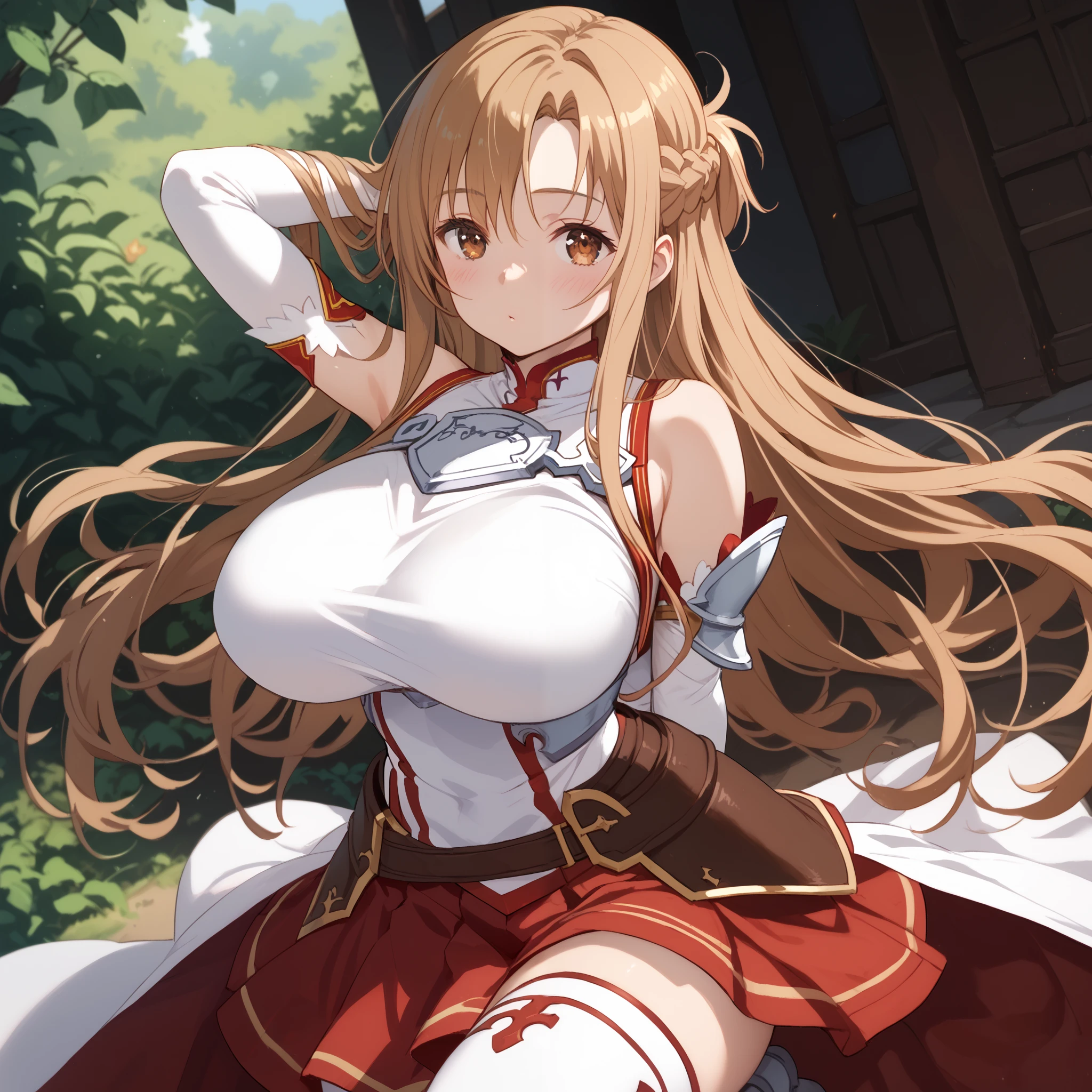 (arms behind back:1.4), breast, (huge breasts:1.15), (blush), 8k masterpiece, (1girl, solo), zzAsuna, asuna (sao), long hair, brown hair, brown eyes, braid, very long hair, thighhighs, bare shoulders, detached sleeves, armor, white thighhighs, breastplate, red skirt,