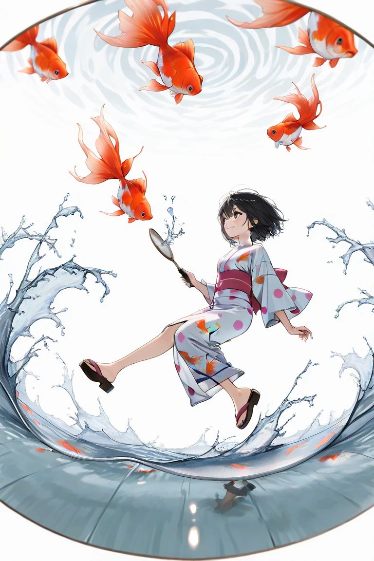 The summer of Ansei 6 (1853) at the end of the Edo period. 
In a white background, a girl in a yukata looks up at the sky and feels the wind.
 Many goldfish with long tail fins are swimming in the air. The air is sparkling.
Raise your right hand and look into the distance. A goldfish that flies like a bird.
Fantastic, bright, sparkling summer,
BREAK
((frying Goldfish)),((wide shot,full body)),(from side :1.2),(yukata:1.5),(white background:1.5),
(fisheye lens:1.3),((Splashes, water, mirror surface, polka dots,looking away)),smile,
((Top Quality, 8k 32k, Masterpiece:1.2)),best quality, ultra-detailed, extremely detailed,
 illustration,((perfect arm,perfect leg,))
1girl, kimono with flower,japanese yukata,(goldfish print:1.3),long sleeves,
 beautiful short hair, Black hair,