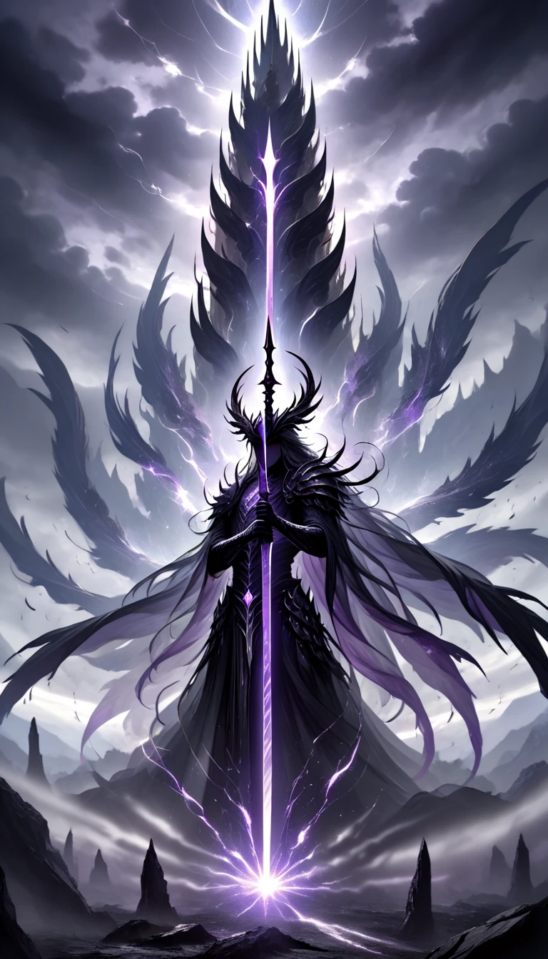 "A towering celestial warrior clad in intricate, obsidian-black armor, adorned with shimmering silver and faintly glowing purple runes etched along the plates. Massive, dark feathered wings spread wide behind him, their edges fading into shadowy mist, giving an ethereal yet menacing presence. His helm is angular and ornate, with a glowing purple visor concealing his face, exuding an air of divine authority and mystery. In his hands, he wields a colossal spear with a jagged, silver-black blade radiating dark energy, the shaft wrapped in shimmering, shadow-infused bands. The celestial stands on a crumbling battlefield, illuminated by a fractured, twilight sky, with faint rays of light piercing through swirling dark clouds. His stance is resolute, spear pointed forward, prepared to unleash divine fury, embodying a perfect fusion of celestial grace and apocalyptic dread."