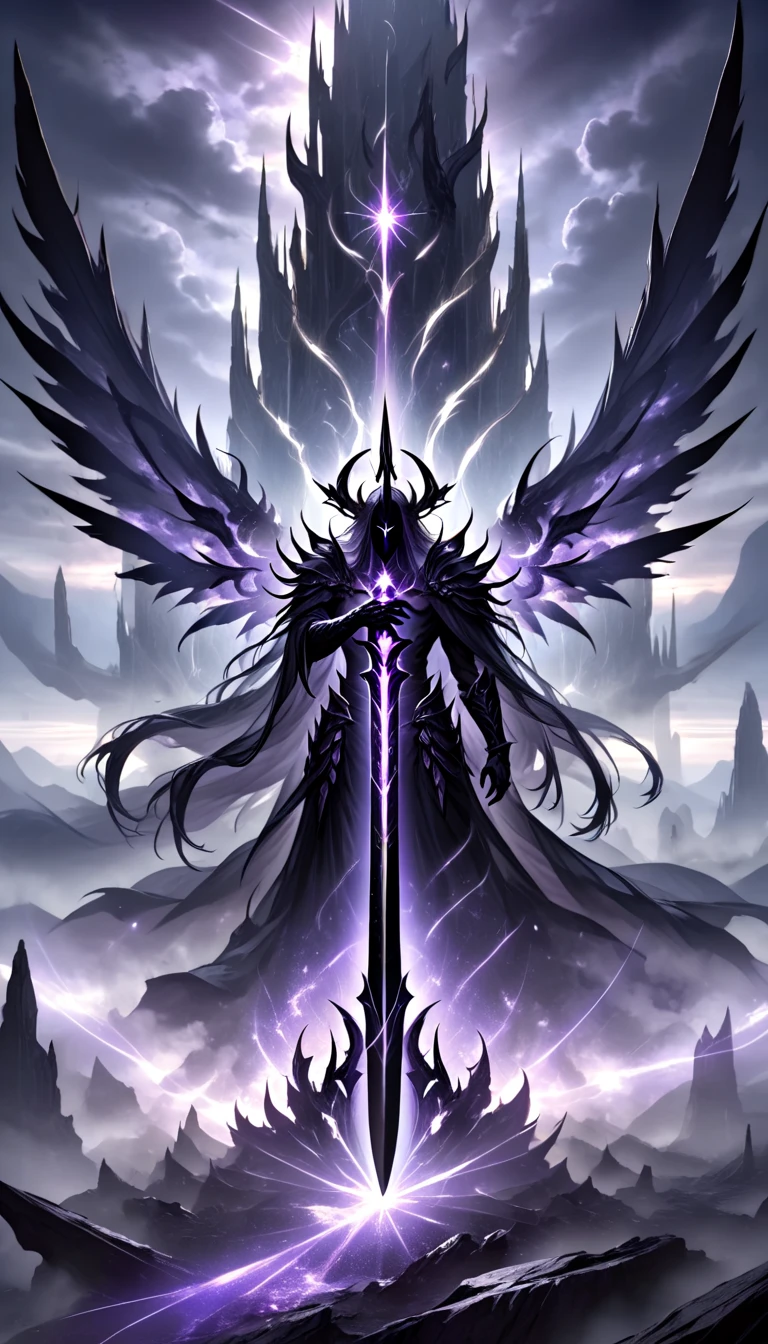 "A towering celestial warrior clad in intricate, obsidian-black armor, adorned with shimmering silver and faintly glowing purple runes etched along the plates. Massive, dark feathered wings spread wide behind him, their edges fading into shadowy mist, giving an ethereal yet menacing presence. His helm is angular and ornate, with a glowing purple visor concealing his face, exuding an air of divine authority and mystery. In his hands, he wields a colossal spear with a jagged, silver-black blade radiating dark energy, the shaft wrapped in shimmering, shadow-infused bands. The celestial stands on a crumbling battlefield, illuminated by a fractured, twilight sky, with faint rays of light piercing through swirling dark clouds. His stance is resolute, spear pointed forward, prepared to unleash divine fury, embodying a perfect fusion of celestial grace and apocalyptic dread."