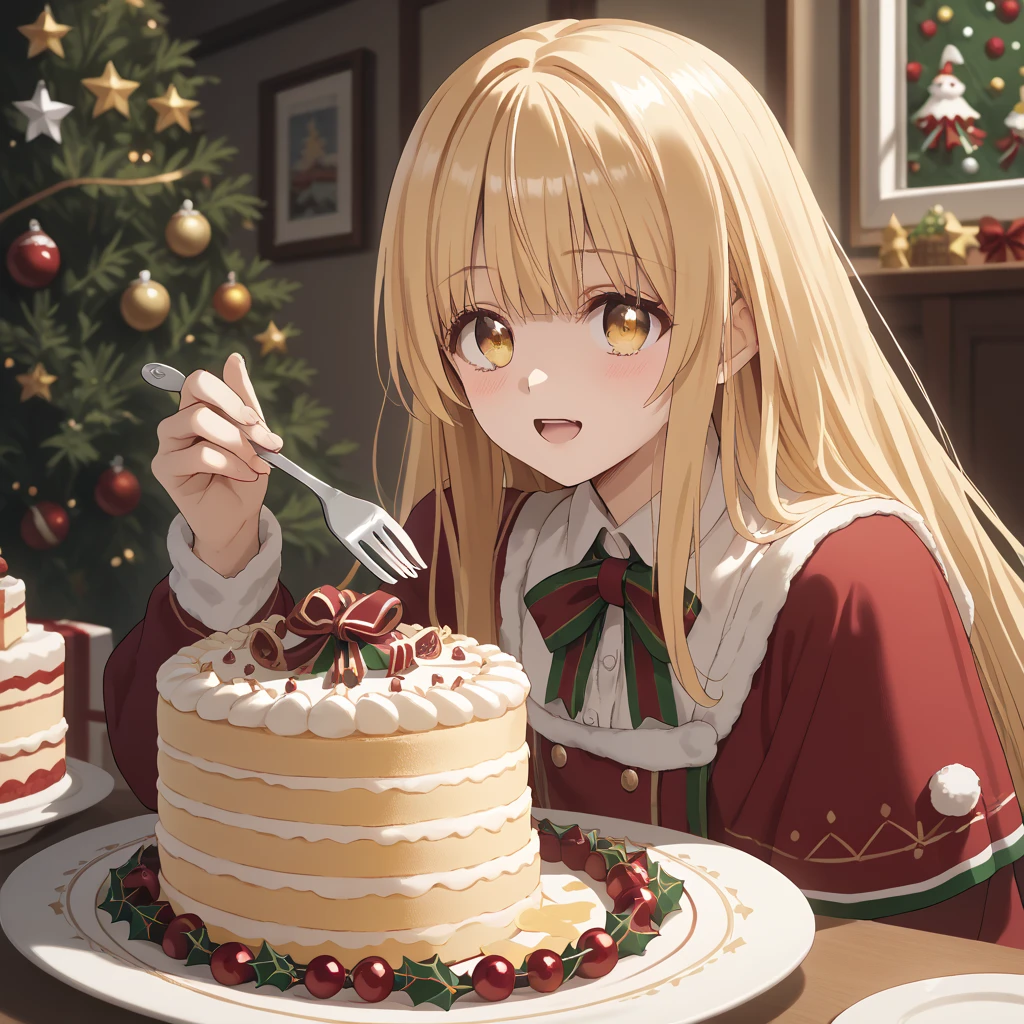 masterpiece, Official Art ,8k, masterpiece,  top quality,  very detailed, shiina mahiru ,yellow eyes, blonde hair,long hair,open mouth,Christmas,feeding cake,incoming food,fork