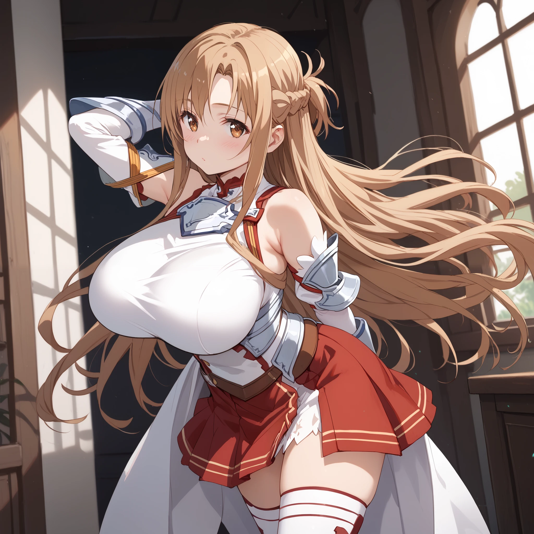 (arms behind back:1.4), breast, (huge breasts:1.15), (blush), 8k masterpiece, (1girl, solo), zzAsuna, asuna (sao), long hair, brown hair, brown eyes, braid, very long hair, thighhighs, bare shoulders, detached sleeves, armor, white thighhighs, breastplate, red skirt,