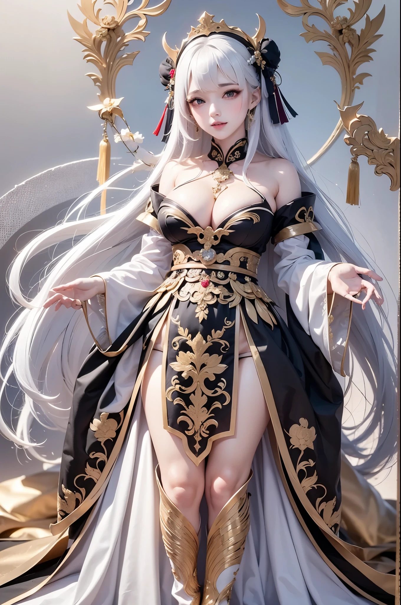 full body image:1.5, super high quality, masterpiece, Perfect illustration, Very detailed:1.6,　white barance, 1girl, 23 years old, cute girl, white hair, sharp and big beautiful eyes, medium breasts, bright skin. fantasy royalty, onmyoji, majesty, asian dress. black and gold clothes. simple background, white background, white dust. hanbok、Chinese royal clothing,
