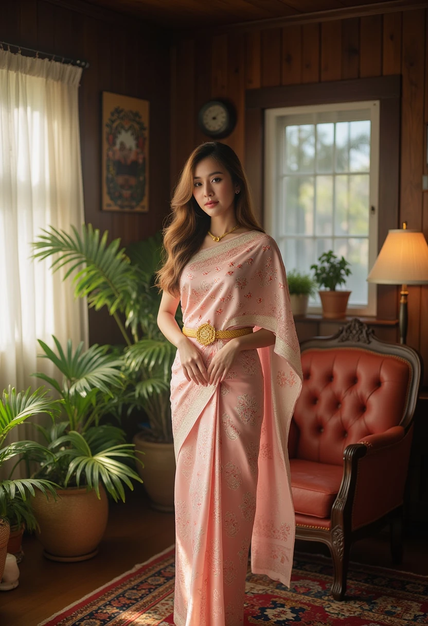 portrait Thai woman with Natural loose hair, wearing thai traditional dress and Floral pattern , The accessories include gold jewelry, standing pose, in a dark wood livingroom, plant, Thai vintage things ,sun light, Kodak Gold 200 film,