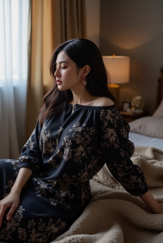 a woman wearing black silk oversize short dress with batic patern in the cozy bedroom