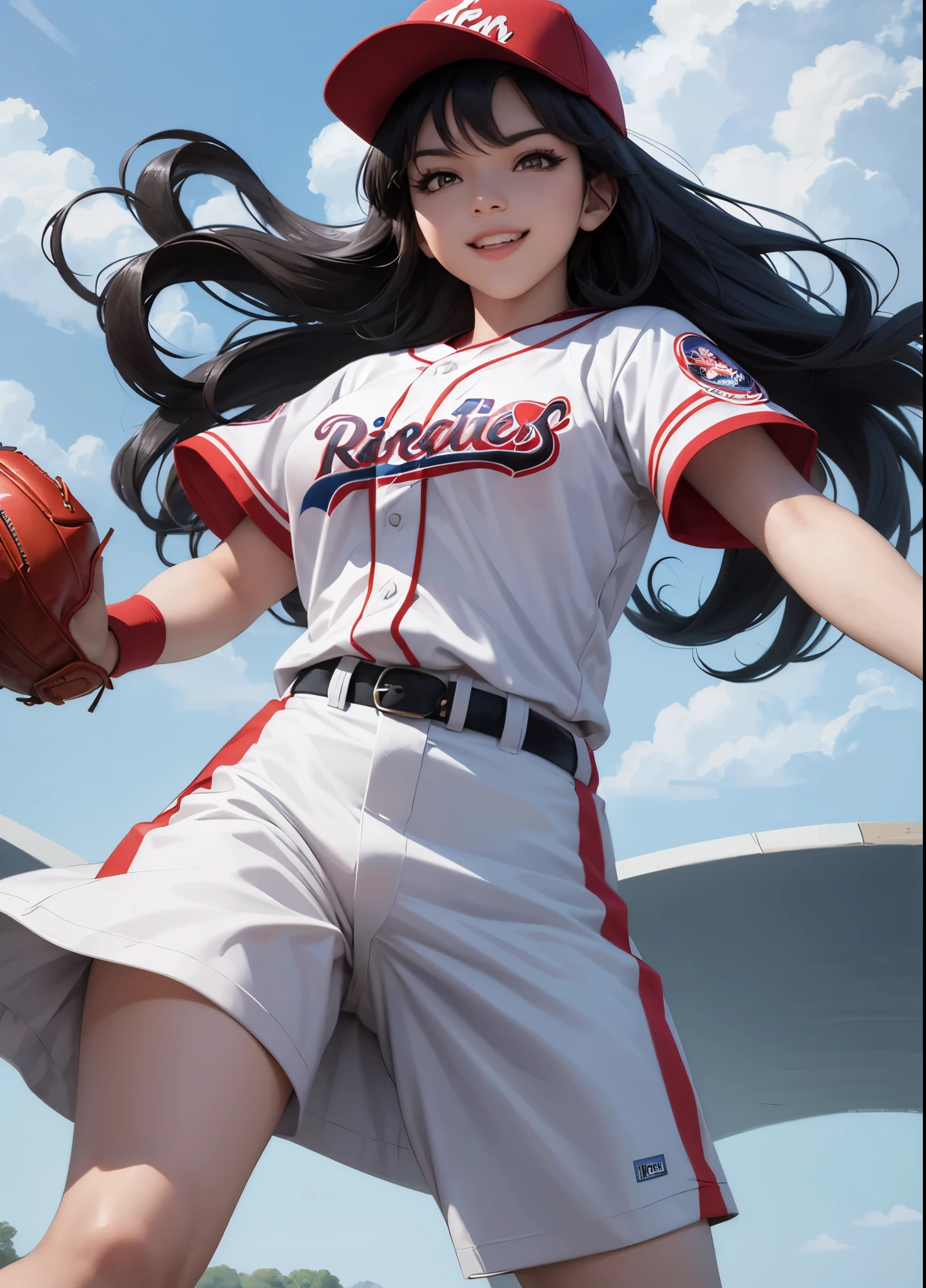 A realistic human version of a female cartoon character with East Asian features, wearing a baseball uniform and cap. She has long black hair, bright eyes, and is smiling confidently. She is holding a baseball glove and ball in one hand while striking an energetic and confident pitching pose. The uniform is red, white, and blue, and the background is soft and sunny with a faint sports field atmosphere.