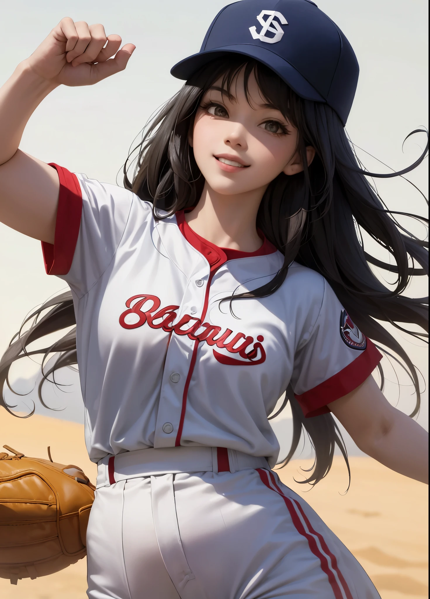 A realistic human version of a female cartoon character with East Asian features, wearing a baseball uniform and cap. She has long black hair, bright eyes, and is smiling confidently. She is holding a baseball glove and ball in one hand while striking an energetic and confident pitching pose. The uniform is red, white, and blue, and the background is soft and sunny with a faint sports field atmosphere.