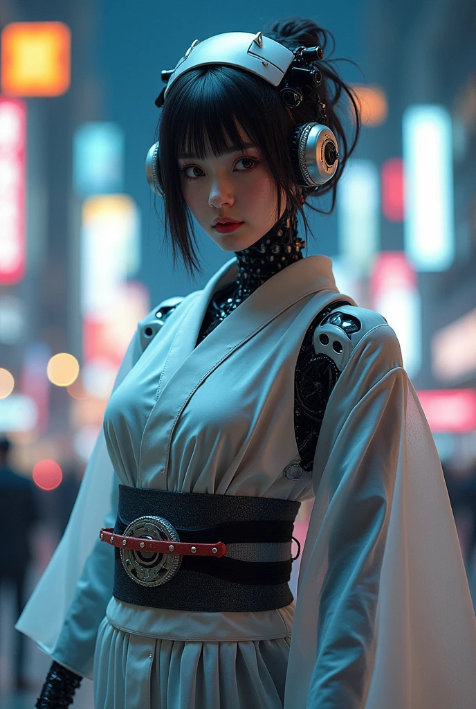 a woman robot with full mechanical grey and silver body, with gears, cables, and iron plates, (wearing transparent Yukata:1.4), the body is seen underneath the yukata, she is looking at viewer,  front view, center framing, the background is the futuristic cyberpunk city, night time, with neon lights, digital art.