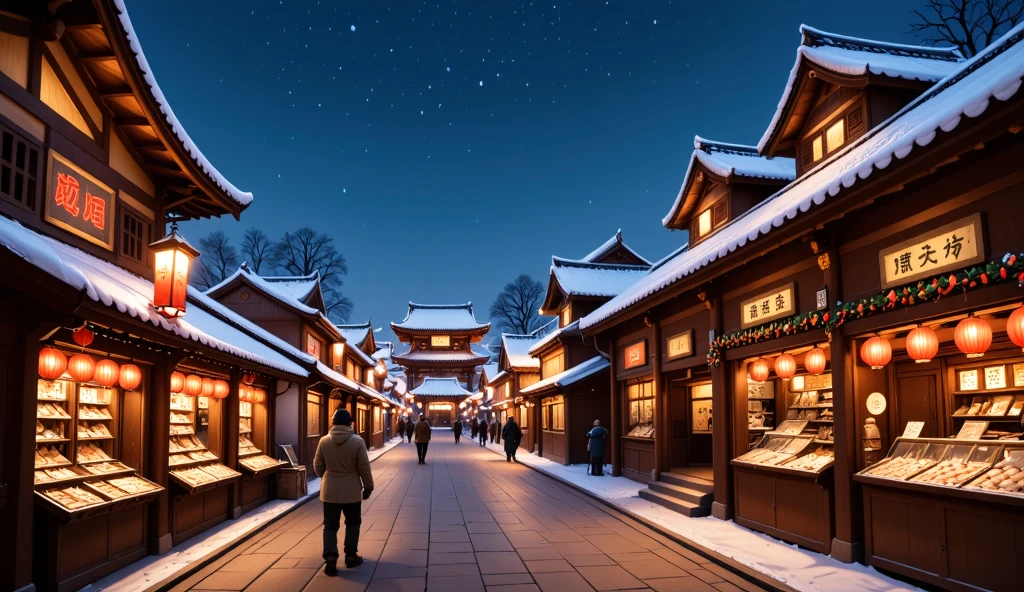 Create a cozy winter Christmas street scene at nighttime, featuring a snow-covered traditional Asian square adorned with red lanterns and warm glowing lights. The square is decorated for the holiday season with festive garlands, wreaths, and Christmas trees. Snowflakes gently fall, covering the ground and rooftops. The shops have glowing signs, wooden stalls, and colorful displays of food or gifts. The atmosphere is peaceful and magical, with a soft blue night sky and a warm contrast of reds, greens, and golden light.hyperrealism, 8k