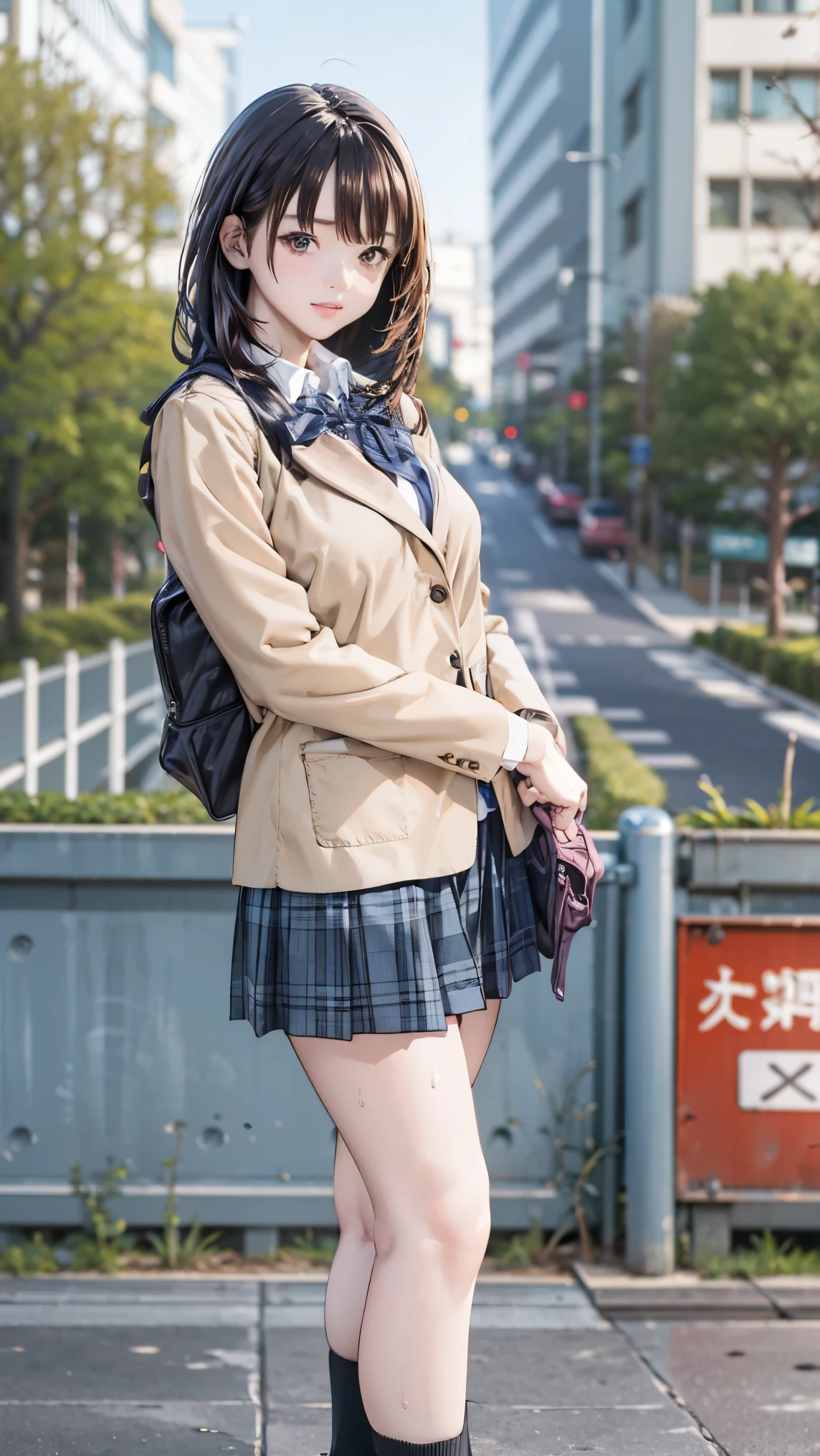 (Two women waiting for a traffic light at an intersection、 College Student ),Backpack、 Talking、 short hair 、Brown Hair、 They Hesitate ,、 wet hair , Wakino , Big Breasts, realistic , ( high chroma:1.0), ( very detailed肌), ( top quality :1.0), ( super high resolution ) ,( realistic :1.0), ( very detailed:1.0), (8k, RAW photo :1.1)、 Bump in the center 、 feet 、 Yoshizuki Iori、、(Front View)、 review、 blazer
