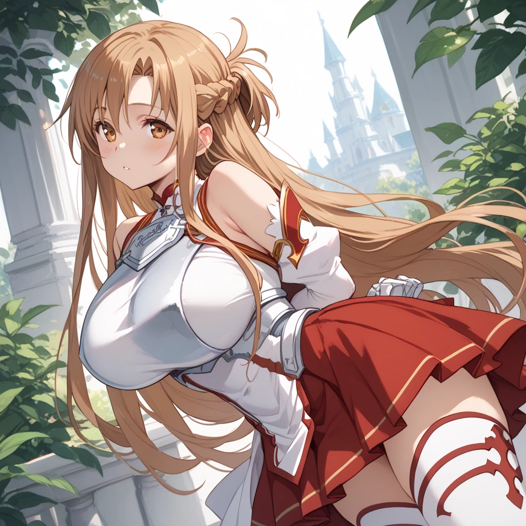 (arms behind back:1.4), breast, (huge breasts:1.15), (blush), 8k masterpiece, (1girl, solo), zzAsuna, asuna (sao), long hair, brown hair, brown eyes, braid, very long hair, thighhighs, bare shoulders, detached sleeves, armor, white thighhighs, breastplate, red skirt,