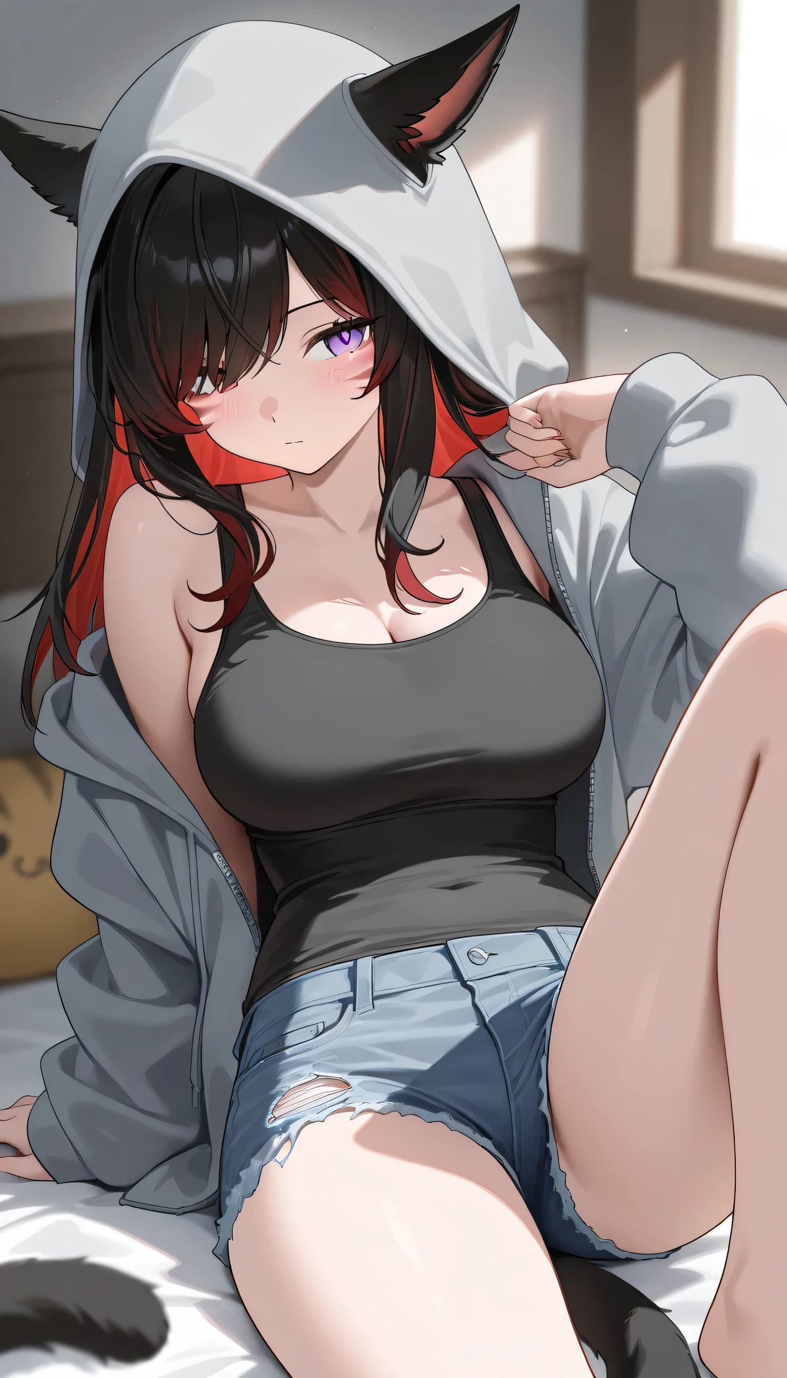 masterpiece,One girl,alone ,Heart-shaped pupils,Open the front,hoodie,,  Static Restraints,Exposing her breasts　A woman with a large penis growing out of her vagina and inserted into a dummy　　