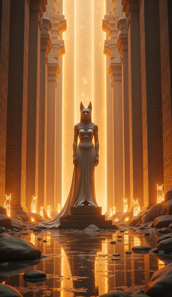 A grand ancient Egyptian temple, dimly lit by golden rays of sunlight. A majestic statue of Bastet, the cat goddess, stands at the center, surrounded by intricate hieroglyphs and glowing artifacts. The atmosphere is mystical, with subtle shadows and a warm golden hue. The floor reflects the golden light, and faint, ghostly feline figures can be seen in the distance. Shallow depth of field, cinematic shot, dramatic poster.