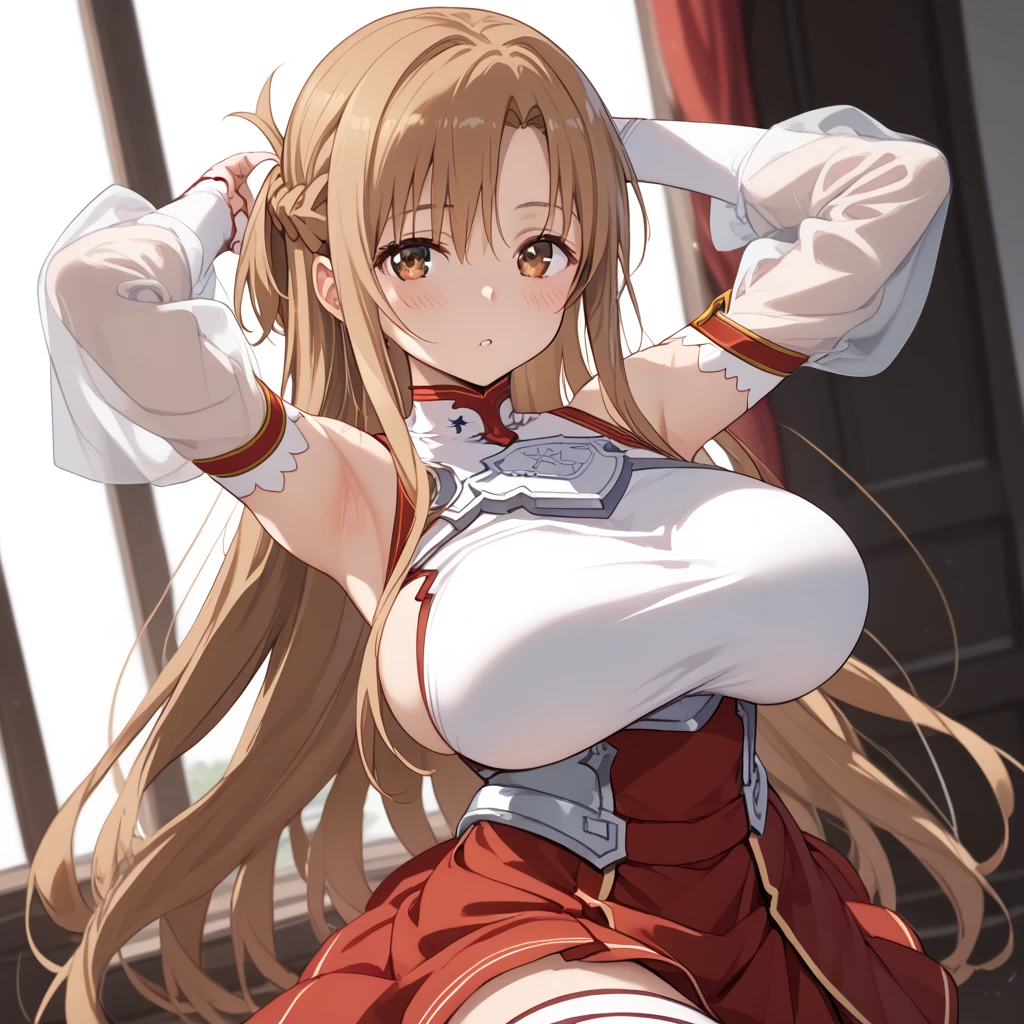 (arms behind back:1.4), breast, (huge breasts:1.15), (blush), 8k masterpiece, (1girl, solo), zzAsuna, asuna (sao), long hair, brown hair, brown eyes, braid, very long hair, thighhighs, bare shoulders, detached sleeves, armor, white thighhighs, breastplate, red skirt,