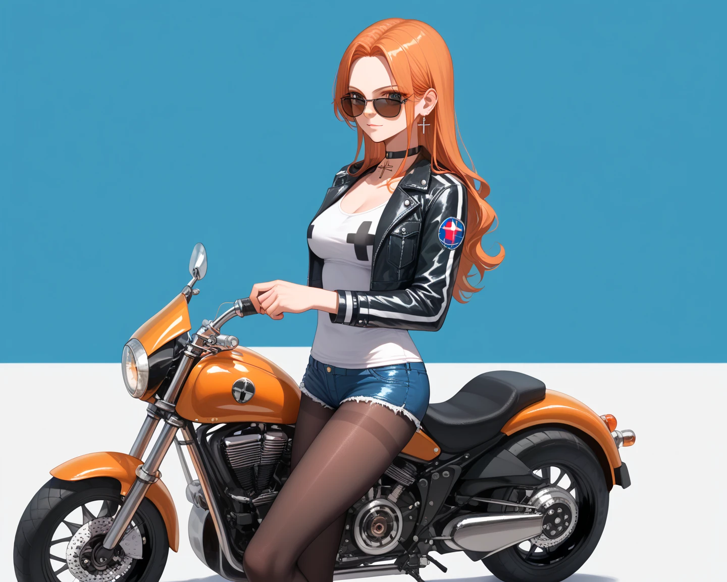   in-style of Anna Razumovskaya  , (( sexy girl , promote ,Alone)),
 1 girl modification _ costume pilot _  sunglasses biker  _clothats black_ choker black _pantyhose bl~tode_  hair breasted choker cross dog  _martens eyewear _~to_head 부유_head 독일_ flag green _eyes ir ~to_  cross jacket lining  _to 대한_motorcycle leathatr leathatr_jacket leathatr_shorts l~tog_ head _to_that_ side motor _  car motorcycle pantyhose pantyhose _아래to_shorts shirt shorts Alone sunglasses white_shirt