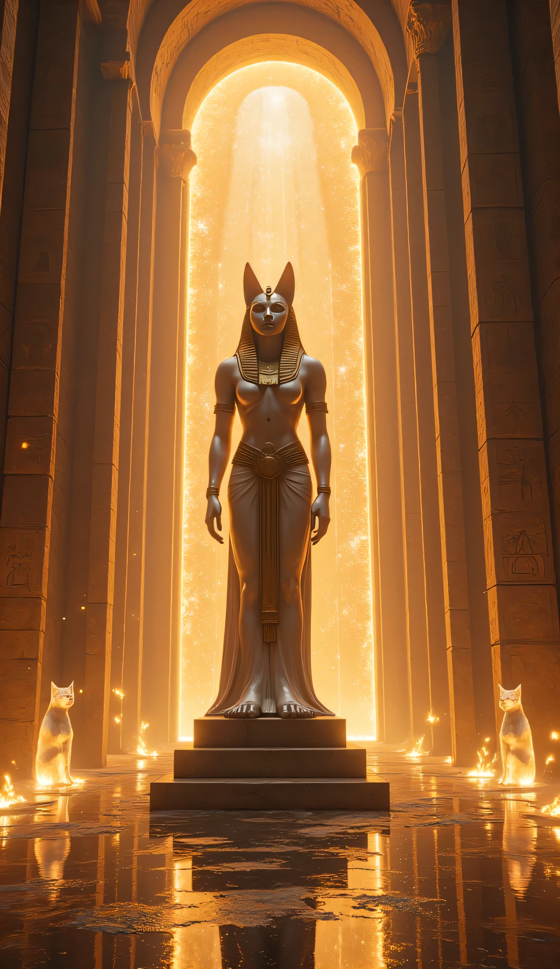 A grand ancient Egyptian temple, dimly lit by golden rays of sunlight. A majestic statue of Bastet, the cat goddess, stands at the center, surrounded by intricate hieroglyphs and glowing artifacts. The atmosphere is mystical, with subtle shadows and a warm golden hue. The floor reflects the golden light, and faint, ghostly feline figures can be seen in the distance. Shallow depth of field, cinematic shot, dramatic poster.