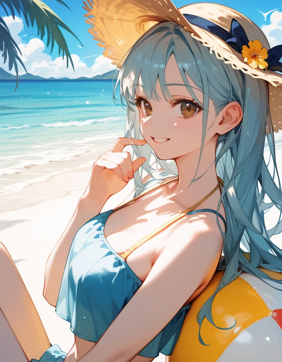 (Masterpiece), (best quality, close-up of 1 cute girl, (happy smiling face), (sitting on the summer beach), (looking back to the viewer), close-up,upper body, (big yellow crystal eyes), (long silver shining waved waved hair), wearing bikini, putting a large straw hat, (reasonable design, Clear lines, High sharpness,Best quality, Very detailed, Masterpiece, movie light effect, 8K ), summer air, (3D), colorful, sparkle and brilliant sun light ray dropping, twinkle, happy,