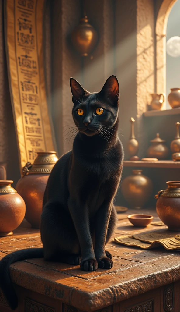 An ancient Egyptian home interior, with warm lighting and a rustic wooden table adorned with carved details. A sleek black cat sits on the table, staring mysteriously into the distance. Surrounding the room are golden artifacts, clay pots, and hieroglyph-covered papyrus scrolls. A window lets in a faint beam of moonlight, enhancing the mystical atmosphere. Intricate details, shallow depth of field, cinematic shot, dramatic poster.