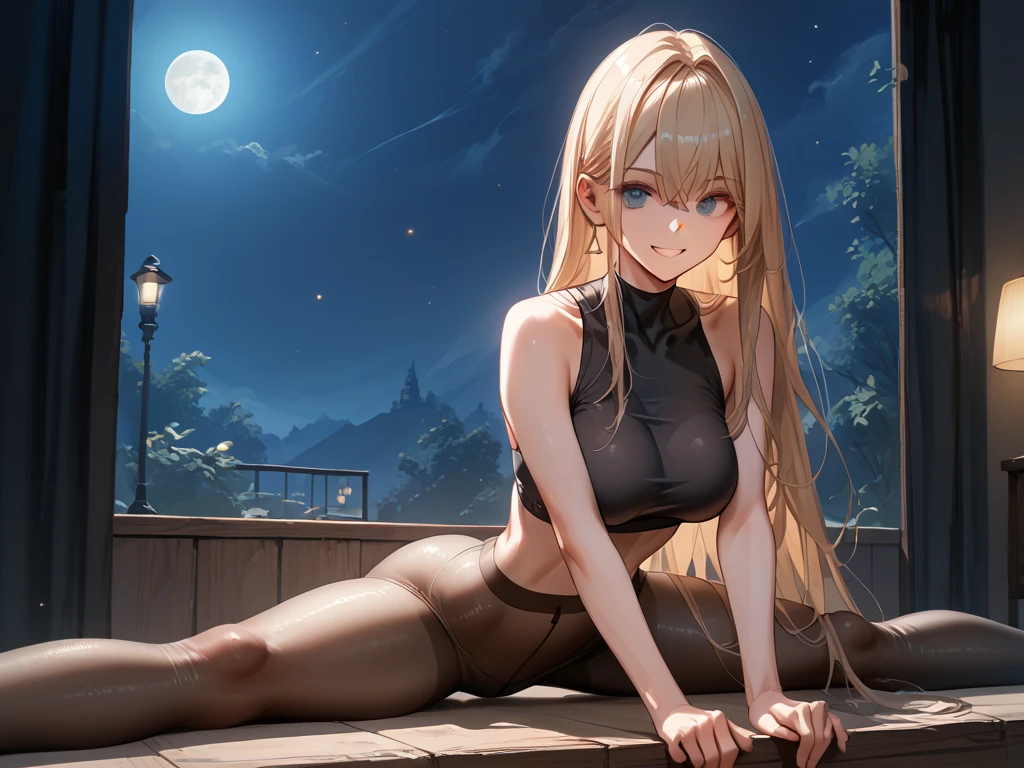 a long haired blond cute petite anime girl massive erect breasts, slim body, nylon pantyhose, tight crop top facing viewer, grin, sitting split, dark, night