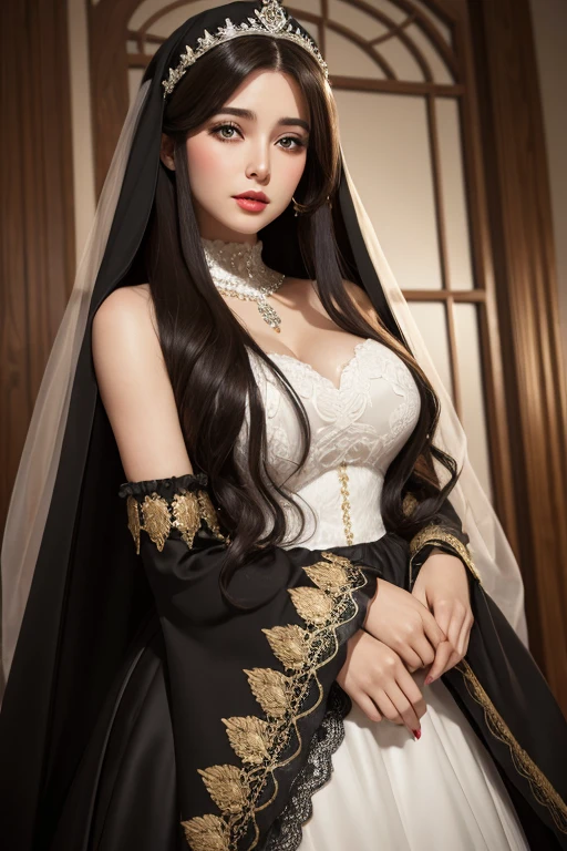 一位身着漂亮Wedding dress的美丽新娘的特写, Gurwitz,（Pillory：1.5）, （flail：1.2）,  flail on the head, flail on the hands,whole body照片,  whole body, (Wedding dress: 1.5), (Transparent short veil: 1.5), Blushed, Flower head, Headdress, Very exquisite princess wedding dress,(筒形Wedding dress: 1.5), (Silk dress: 1.2 ), (无肩带Wedding dress: 1.5), （And floor-length skirt：1.2）, Pure white dress,White long skirt, necklace, earrings, (Huge breasts: 1.3), (Mature female , Large Breasts,Breast sagging、Cleavage close-up，cleveage, Clive Arch、Thick thighs, Wide hips, Curvy beauty, Perfect body，)深V领Wedding dress, Bangs, Lipstick, (Lace gloves: 1.3),  High detail RAW color art,