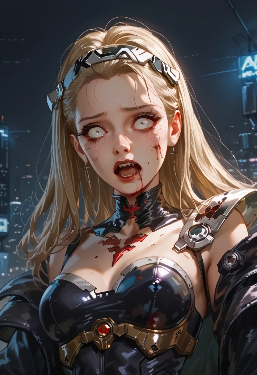 Blonde girl ((detallada)),  scared , white eyes, Has a headband,  futuristic armor ,  vampire cyberpunk , corset armor ,  dystopic future , alas,  blood on her face, lost look ,  dark cyberpunk background ,  lighting light dark, mysterious,  background creatures 