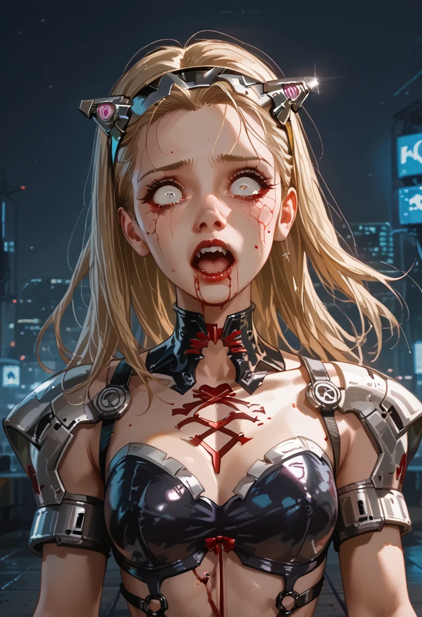 Blonde girl ((detallada)),  scared , white eyes, Has a headband,  futuristic armor ,  vampire cyberpunk , corset armor ,  dystopic future , alas,  blood on her face, lost look ,  dark cyberpunk background ,  lighting light dark, mysterious,  background creatures 