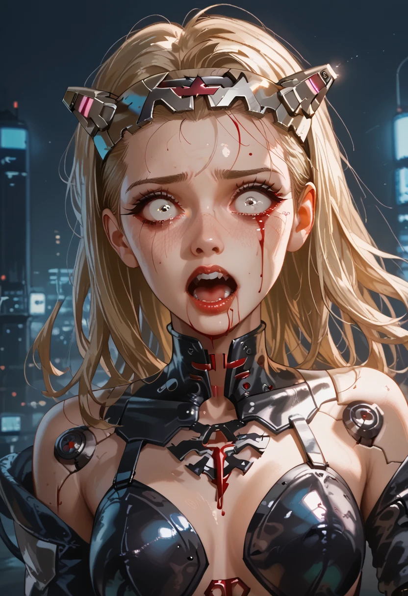 Blonde girl ((detallada)),  scared , white eyes, Has a headband,  futuristic armor ,  vampire cyberpunk , corset armor ,  dystopic future , alas,  blood on her face, lost look ,  dark cyberpunk background ,  lighting light dark, mysterious,  background creatures 