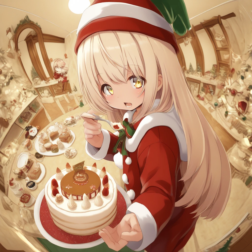 shiina mahiru ,yellow eyes, blonde hair,long hair,open mouth,Christmas,feeding,food, open mouth, incoming food, looking at viewer , cake, plate ,holding fork, from side, fisheye lens, looking back,