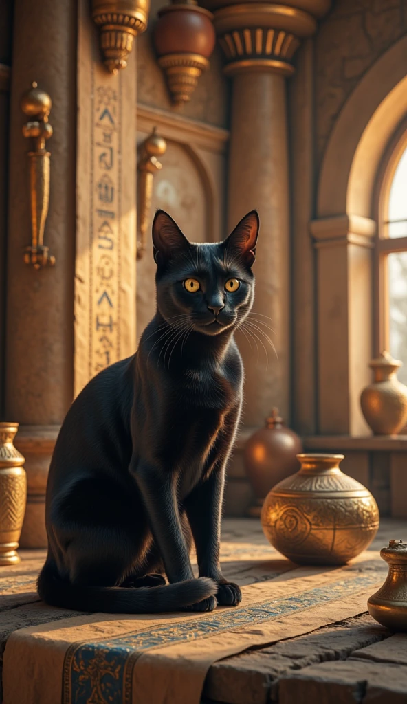 An ancient Egyptian home interior, with warm lighting and a rustic wooden table adorned with carved details. A sleek black cat sits on the table, staring mysteriously into the distance. Surrounding the room are golden artifacts, clay pots, and hieroglyph-covered papyrus scrolls. A window lets in a faint beam of moonlight, enhancing the mystical atmosphere. Intricate details, shallow depth of field, cinematic shot, dramatic poster.