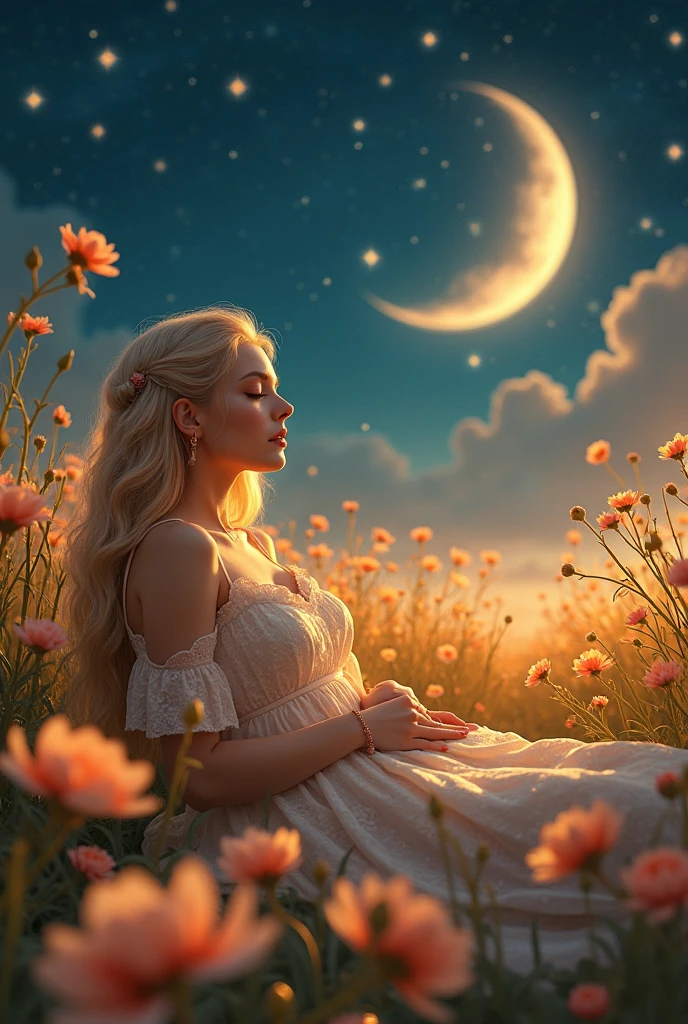  Beautiful,  sexy,  girl ,  blonde hair , Charming, flower field, Магический свет исходит от цветов beautiful Лежит девушка в нежном прекрасном платье с узорами, beautifulе Ночное Небо со звездами и созвездиями,  The beautiful Crescent Moon Shines with bright light illuminating the magic flowers , Очень beautiful поднимается в верх свечение от цветов словно пыльца из Золота, beautiful,  masterpiece fails, 8 k,  intricate details, bright colors,  maximum quality ,  Maximum details ,