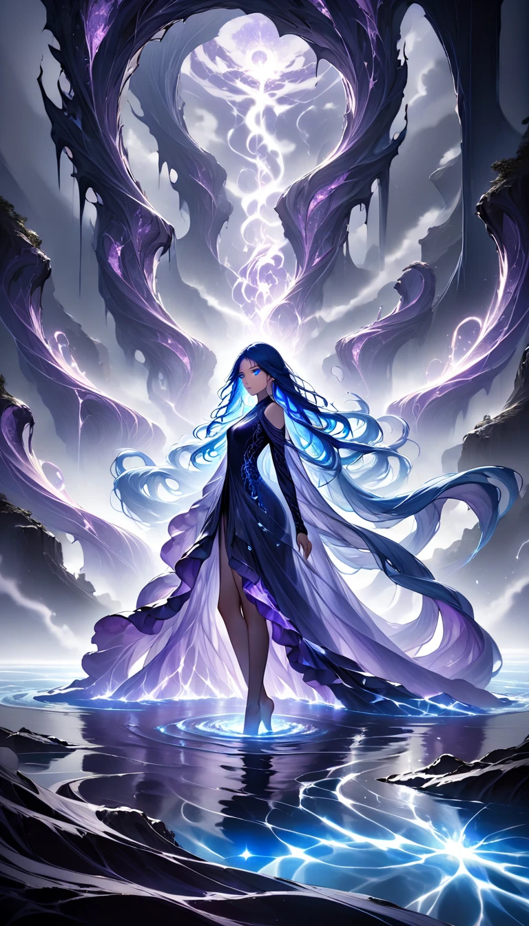 "A stunning woman with long, flowing blue hair that cascades like a shimmering waterfall, glowing faintly with ethereal light. Her piercing blue eyes radiate an otherworldly brilliance, exuding both calm serenity and overwhelming power. Surrounding her is a swirling vortex of water, glistening and vibrant, contrasting sharply with the dark, shadowy world around her. Her sleek, form-fitting attire is black and adorned with intricate purple patterns that seem to shift and ripple like waves. The ground beneath her feet is cracked, with pools of glowing purple water forming in the fissures. The background is a desolate void, filled with faint purple mist and swirling black clouds, emphasizing her luminous presence as the sole source of life and light. Her poised stance and the flowing water encircling her highlight her mastery over the element, a goddess-like figure of beauty and immense power."