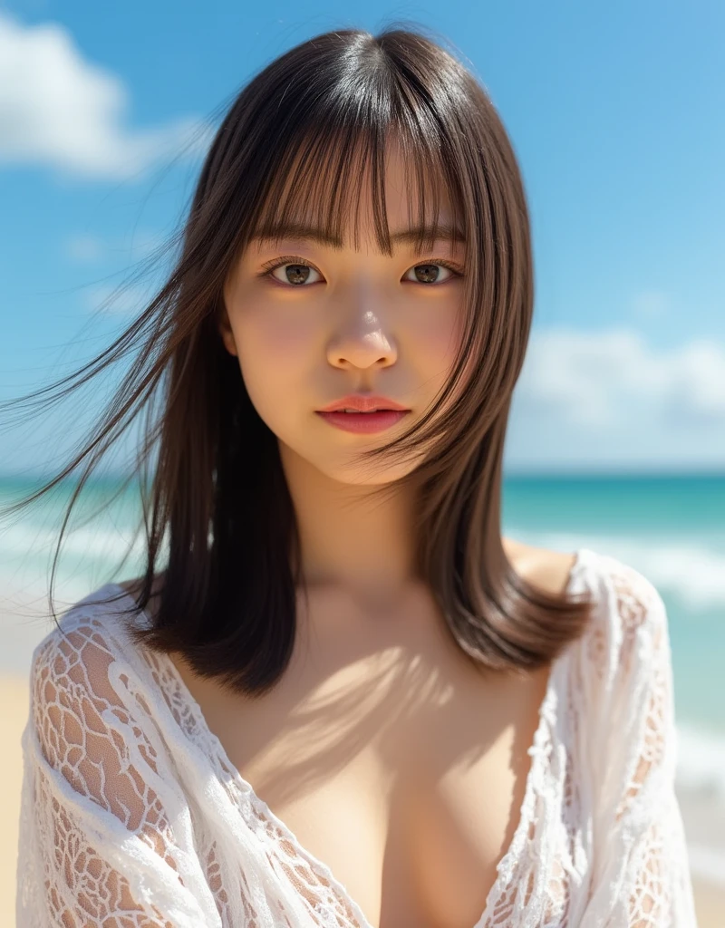 (best quality:1.4), (ultra highres:1.2), (photorealistic:1.4), (16k, RAW photo:1.2), (portrait shot:1.3), professional lighting, Japanese goddess, gravure, detailed face and skin texture, detailed eyes, looking at camera, nsfw, beautiful eyes, detailed eyes, beautiful face, detailed face, ((smile:1.5)), (highest quality), glowing skin, (smooth lighting:1.2), (cinema lighting:1.2), (long brown hair), (white lace shirt), (see-through shirt:1.3), (((open shirt:1.4))), ((cleavage:1.2)), (large breasts:1.2), (show through nipples), ((no underwear:1.4)), ((navel covered with shirt:1.3)), (thin:1.2), slim, ((bikini pantie:1.4)), (white pantie), sunshine, sunny day, beach, sandy beach, clear blue ocean, blue sky, dynamic angle, (stand), (leaning forward:1.4)