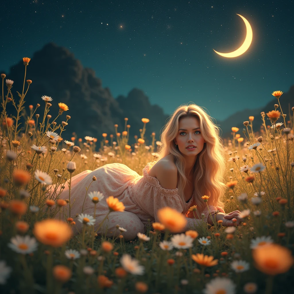  Beautiful,  sexy,  girl ,  blonde hair , Charming, flower field, Магический свет исходит от цветов beautiful Лежит девушка в нежном прекрасном платье с узорами, beautifulе Ночное Небо со звездами и созвездиями,  The beautiful Crescent Moon Shines with bright light illuminating the magic flowers , Очень beautiful поднимается в верх свечение от цветов словно пыльца из Золота, beautiful,  masterpiece fails, 8 k,  intricate details, bright colors,  maximum quality ,  Maximum details ,