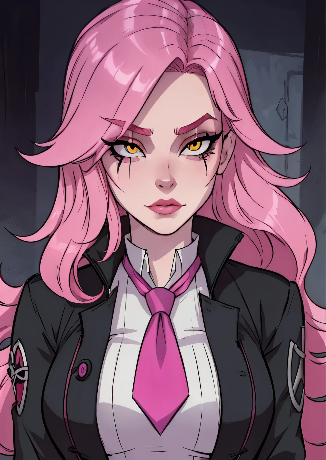 masterpiece, best quality, 1female, beautiful, face portrait, deep makeup, 1girl, face focus, long hair, pink hair, messy hair, goth, scar over eye, makeup, pale skin, academiaKat, yellow eyes, detailed, necktie