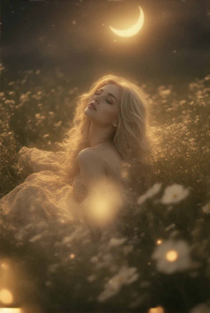  Beautiful,  sexy,  girl ,  blonde hair , Charming, flower field, Магический свет исходит от цветов beautiful Лежит девушка в нежном прекрасном платье с узорами, beautifulе Ночное Небо со звездами и созвездиями,  The beautiful Crescent Moon Shines with bright light illuminating the magic flowers , Очень beautiful поднимается в верх свечение от цветов словно пыльца из Золота, beautiful,  masterpiece fails, 8 k,  intricate details, bright colors,  maximum quality ,  Maximum details ,