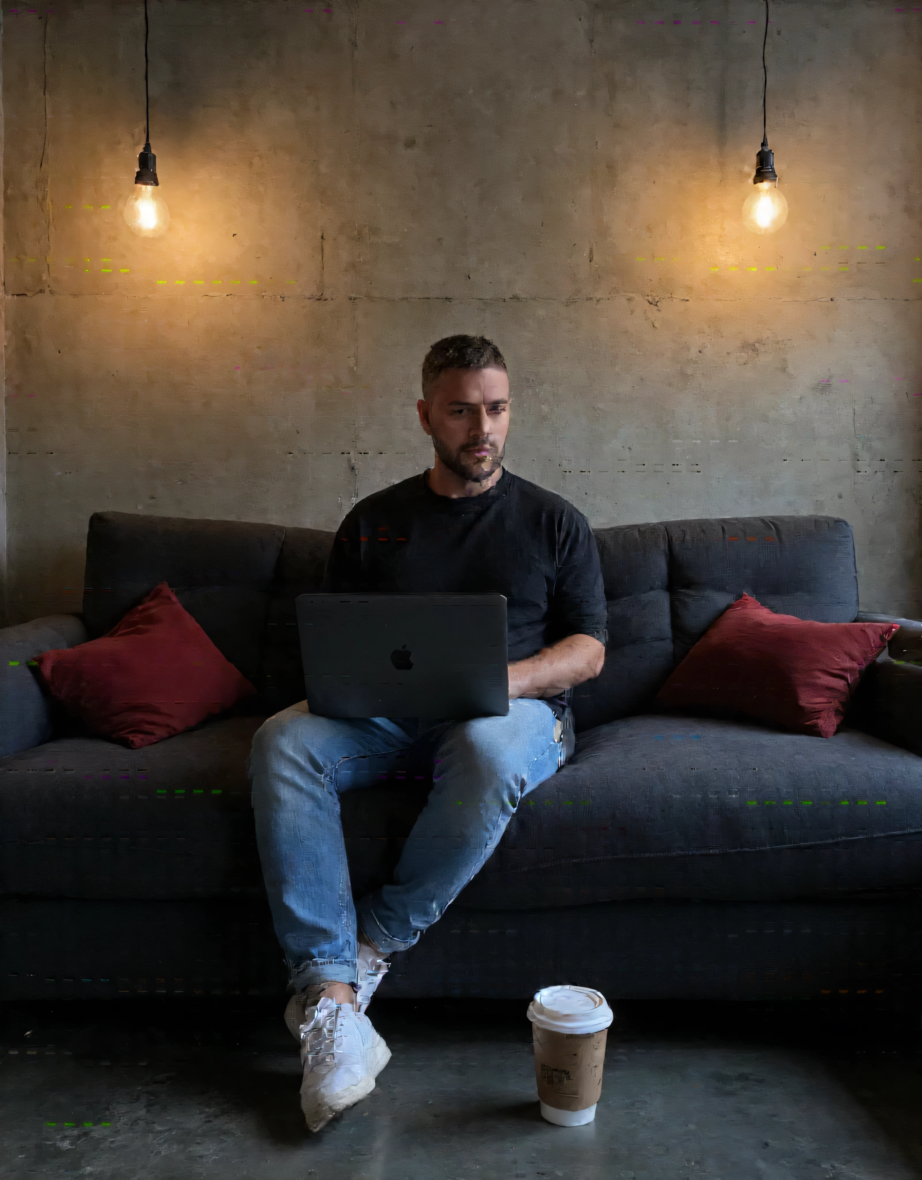 high-resolution photograph of a modern and moody interior setting featuring a man. He has a light skin tone and short hair with a slightly receding hairline. His facial hair is neatly trimmed and he has a short beard and moustache. sitting comfortably on a deep grey couch. The man, dressed in an oversized loose vintage black t-shirt and light blue denim jeans, is focused on his MacBook Pro laptop in Space Black, giving a relaxed and casual posture. He wears clean white sneakers that contrast with the dark couch. The scene is warmly lit by hanging industrial-style pendant lamps. casting soft light and shadows on the textured concrete wall behind him. velvet cushions on the couch add a subtle pop of colour, and a takeaway coffee cup rests nearby, enhancing the cosy and productive atmosphere. The floor is dark concrete, and the space exudes a minimalist, contemporary vibe with an artistic edge. The image composition balances the subject and background, creating a serene and modern mood.